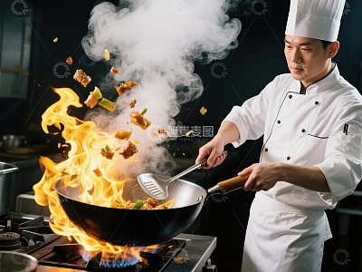 厨师炒菜，火焰四溅