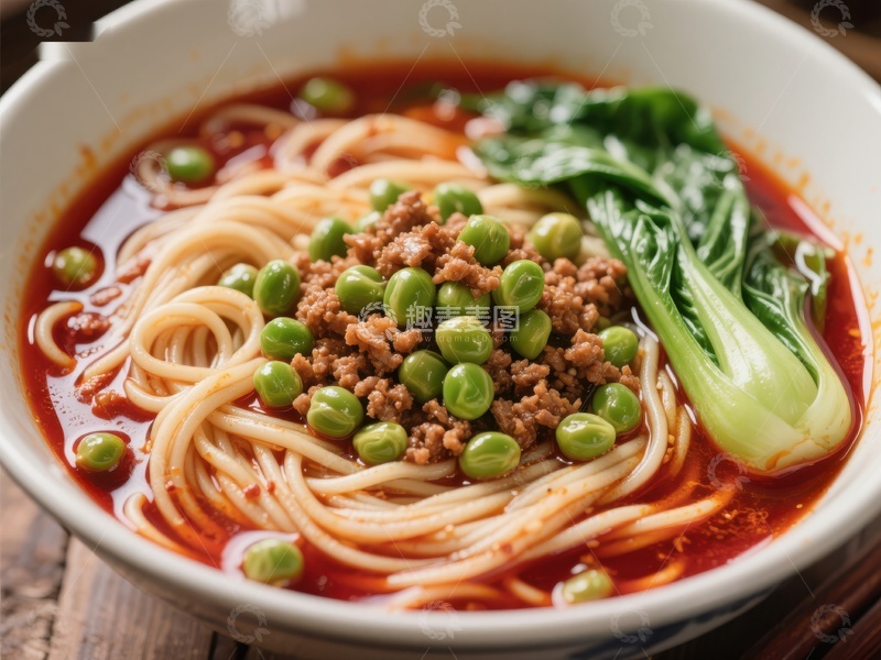 高清大图下载【趣麦麦图】红油拌面配青菜与豌豆