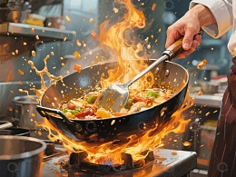 厨师翻炒食材，火焰四溅