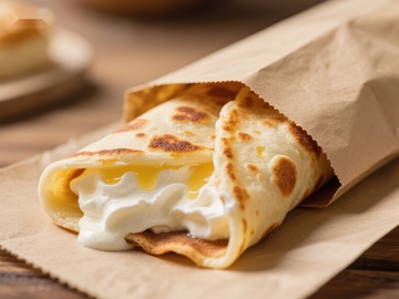 奶油芝士卷饼，包裹在纸袋中