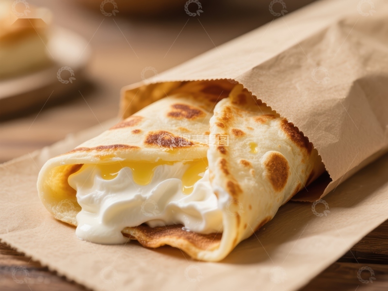 高清大图下载【趣麦麦图】奶油芝士卷饼，包裹在纸袋中