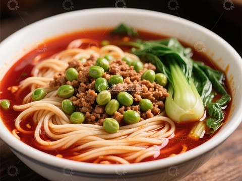 红油面条配青豆与小白菜