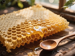 蜂蜜流淌，蜂巢与木勺的自然之美
