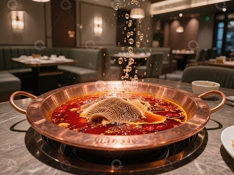 火锅沸腾，食材入锅瞬间