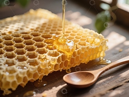 蜂蜜流淌，蜂巢与木勺的自然之美