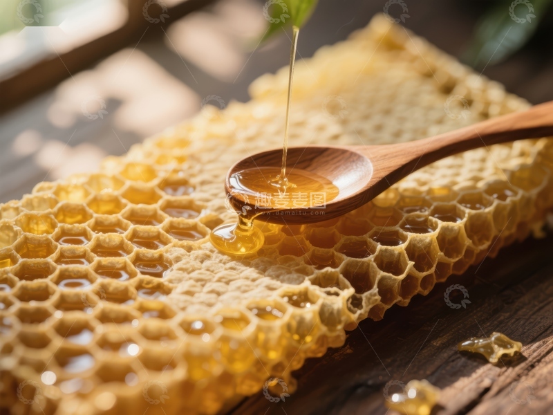 高清大图下载【趣麦麦图】蜂蜜滴落蜂巢，木勺盛满甜蜜