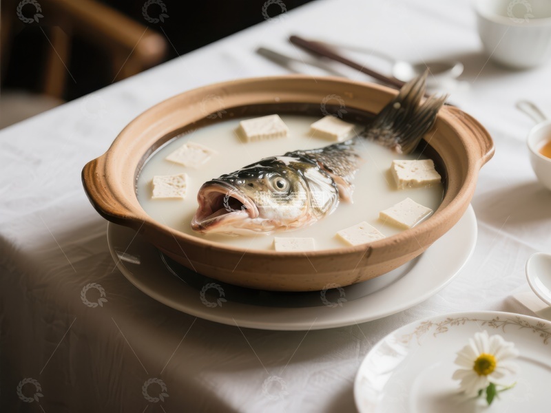 高清大图下载【趣麦麦图】鱼头豆腐汤，热气腾腾的美味佳肴