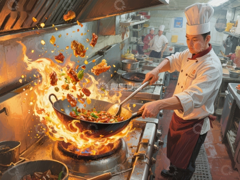 高清大图下载【趣麦麦图】厨师翻炒食材，火焰四溅