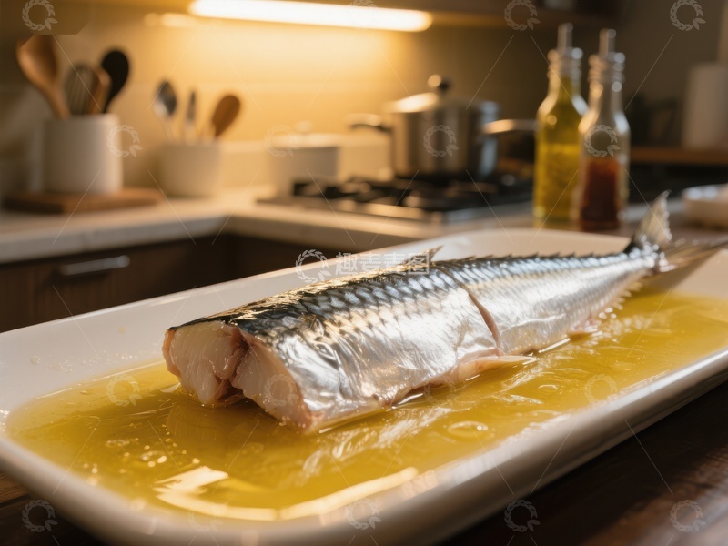 高清大图下载【趣麦麦图】烤鱼摆盘，厨房背景