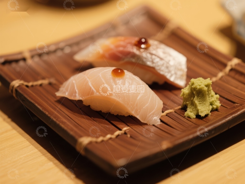 高清大图下载【趣麦麦图】精致寿司配芥末，置于竹制托盘