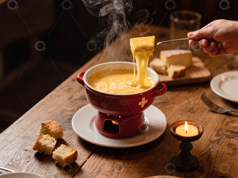 高清大图下载【趣麦麦图】热气腾腾的奶酪火锅配面包