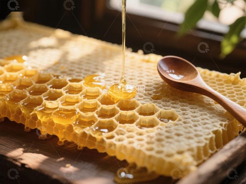高清大图下载【趣麦麦图】蜂蜜滴落蜂巢，木勺相伴