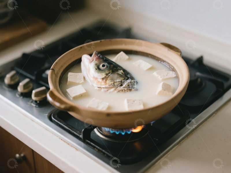 高清大图下载【趣麦麦图】-鱼头豆腐汤在炉灶上炖煮