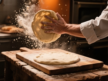 厨师抛洒面粉制作面团