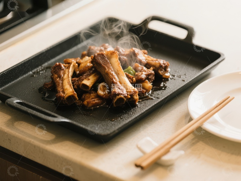 高清大图下载【趣麦麦图】热腾腾的排骨盛在黑色烤盘上