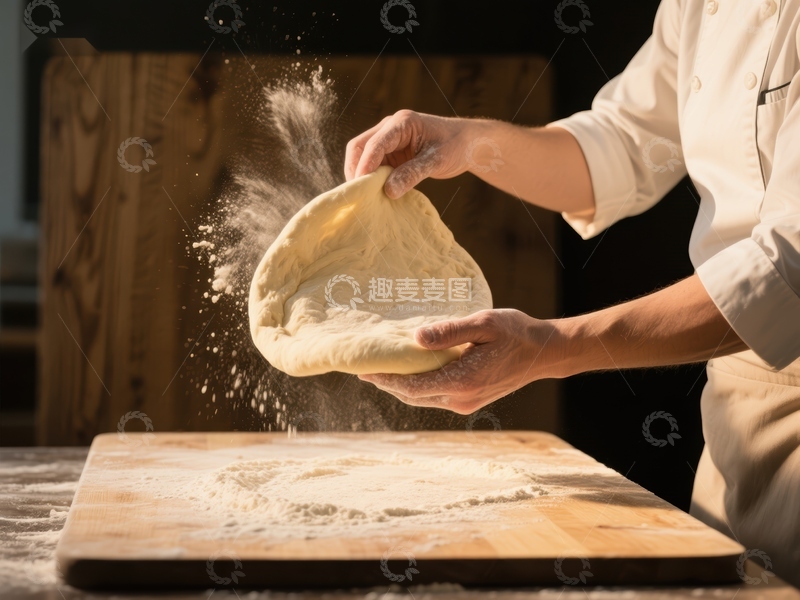 高清大图下载【趣麦麦图】厨师撒粉拉伸面团