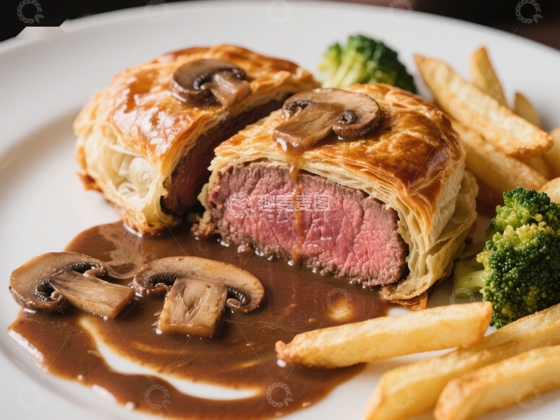 高清大图下载【趣麦麦图】酥皮牛肉配蘑菇酱与薯条