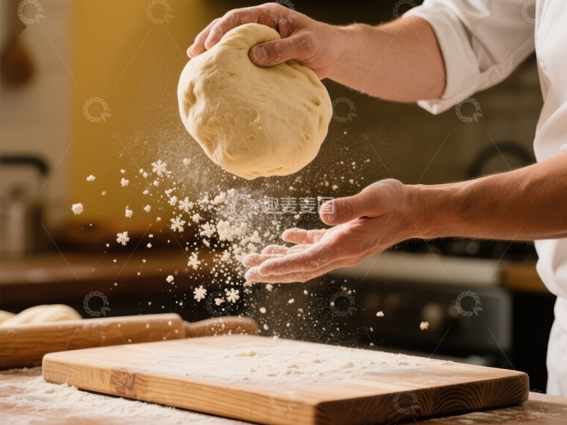 高清大图下载【趣麦麦图】厨师抛揉面团，面粉飞扬瞬间