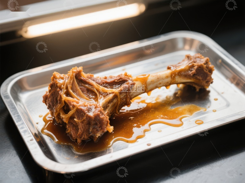 高清大图下载【趣麦麦图】烤制羊腿骨置于金属托盘