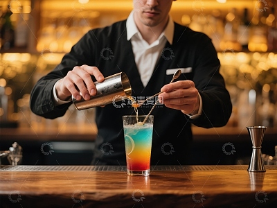 调酒师精心制作彩虹鸡尾酒