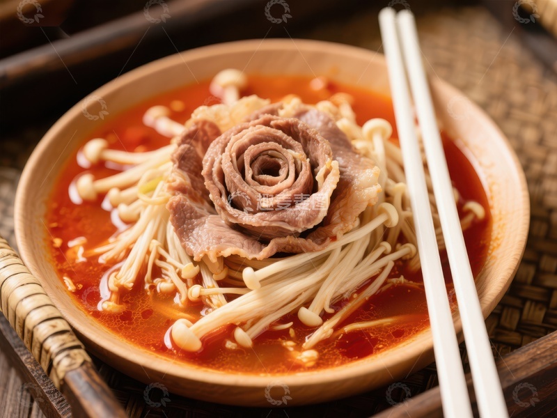 高清大图下载【趣麦麦图】麻辣火锅配金针菇与牛肉卷