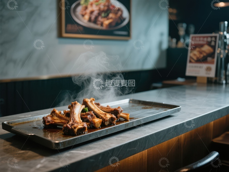 高清大图下载【趣麦麦图】热腾腾的排骨放在金属托盘上