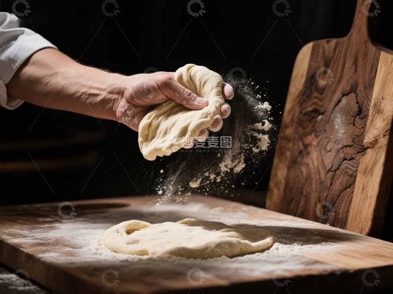 高清大图下载【趣麦麦图】双手揉制面团，面粉飞扬