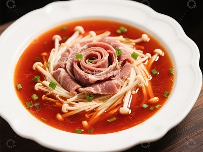 金针菇牛肉汤，红油点缀，造型精致