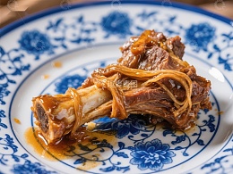 红烧排骨配葱丝，精美瓷盘呈现