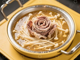金针菇汤中的牛肉玫瑰