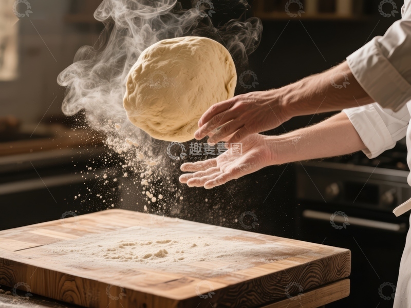 高清大图下载【趣麦麦图】厨师抛揉面团，面粉飞扬