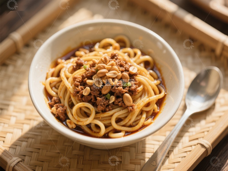 高清大图下载【趣麦麦图】香辣肉酱拌面，花生点缀