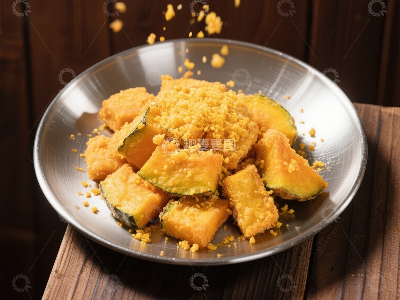 高清大图下载【趣麦麦图】南瓜块配炒饭粒，银盘盛装