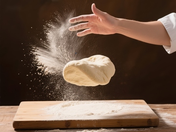 厨师抛洒面粉，面团在空中飞舞