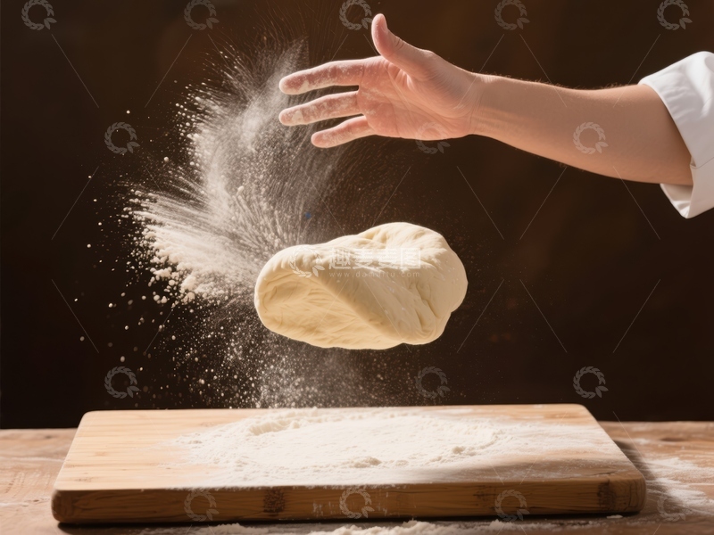 高清大图下载【趣麦麦图】厨师抛洒面粉，面团在空中飞舞
