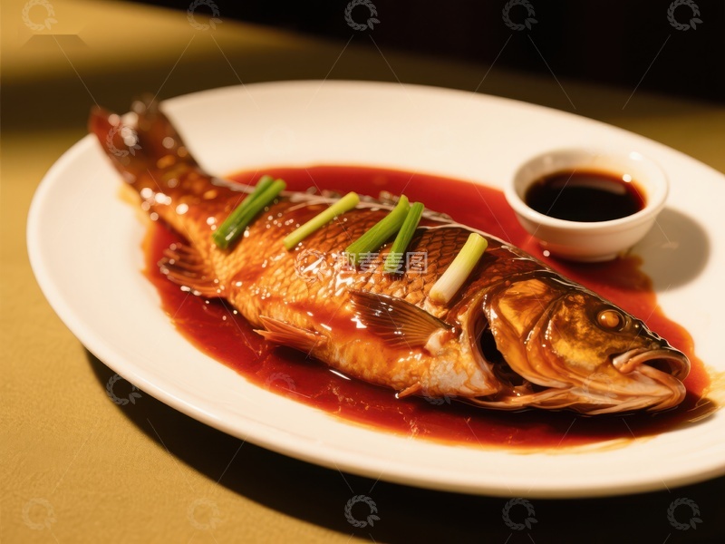 高清大图下载【趣麦麦图】红烧鱼配葱段，色泽诱人