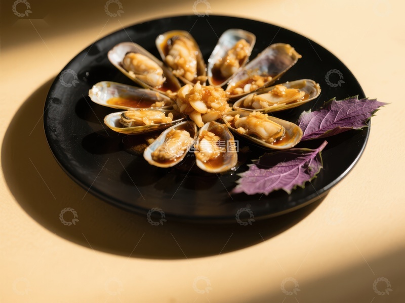 高清大图下载【趣麦麦图】黑盘上的蒜蓉蒸蛤蜊