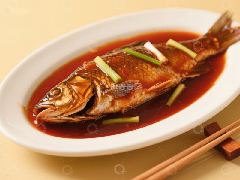 高清大图下载【趣麦麦图】红烧鱼配葱段，色泽诱人