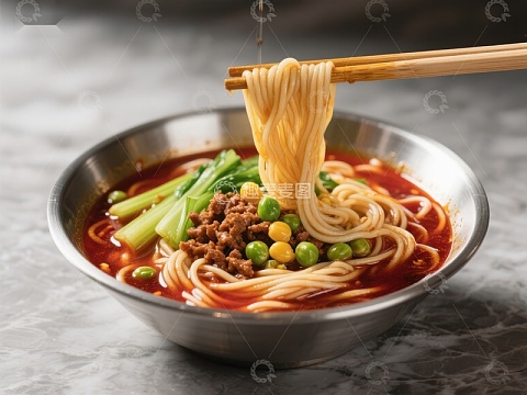 热辣红汤面，筷子夹起面条