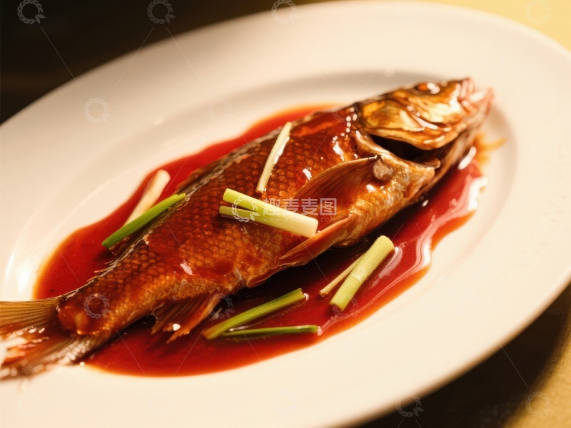 高清大图下载【趣麦麦图】红烧鱼配葱段，色泽诱人