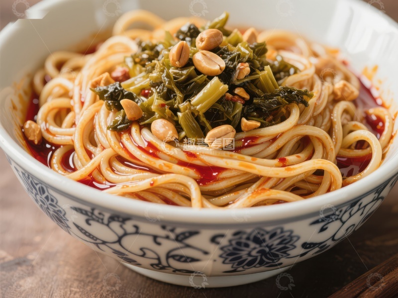 高清大图下载【趣麦麦图】麻辣拌面配花生与青菜