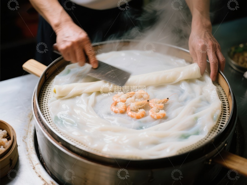 高清大图下载【趣麦麦图】手工制作肠粉，虾仁点缀