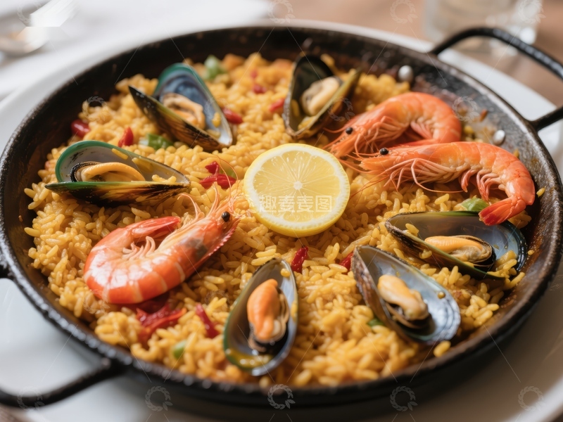 高清大图下载【趣麦麦图】海鲜饭特写：虾、贻贝与柠檬