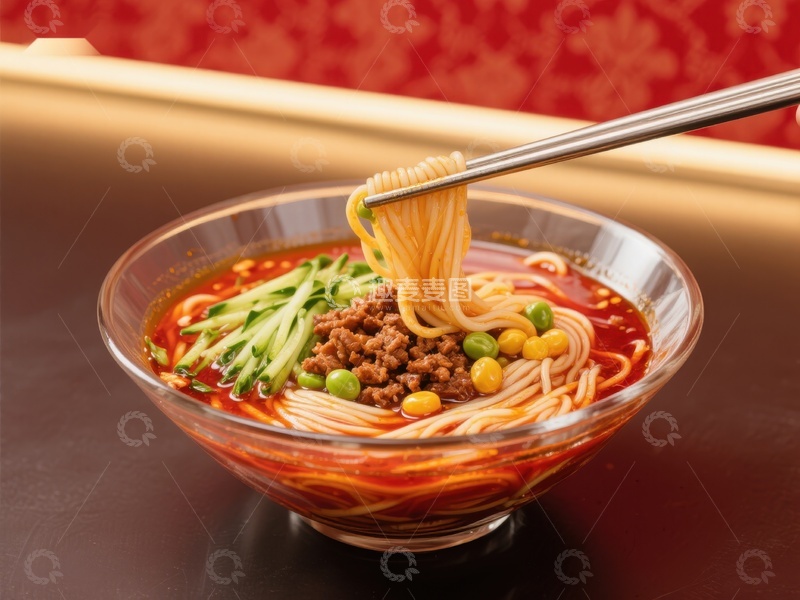 高清大图下载【趣麦麦图】红油拌面，筷子挑起面条特写