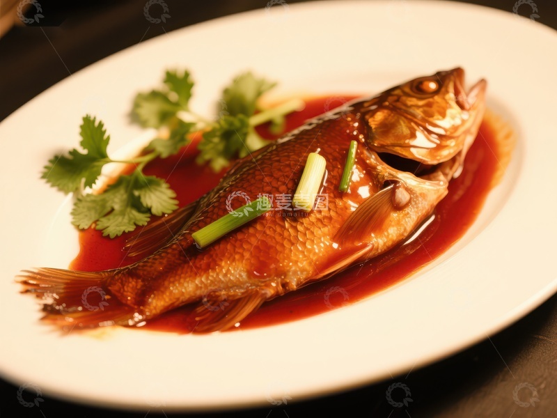 高清大图下载【趣麦麦图】红烧鱼配香菜与葱段