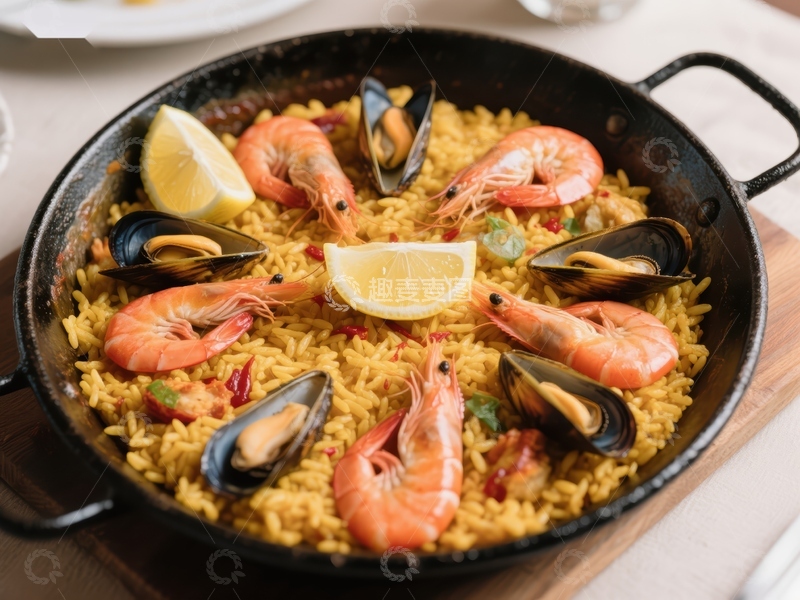 高清大图下载【趣麦麦图】海鲜饭特写：虾、贻贝与柠檬