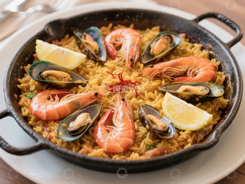 高清大图下载【趣麦麦图】海鲜饭：虾、贻贝与柠檬的美味组合