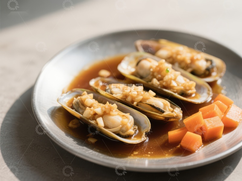 高清大图下载【趣麦麦图】蒜蓉蒸青口贝配胡萝卜丁