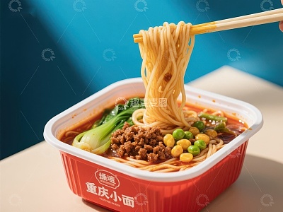 热辣面条配蔬菜与肉末