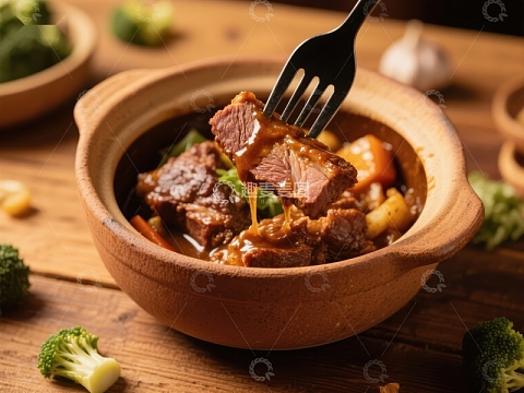 叉子夹起美味炖牛肉